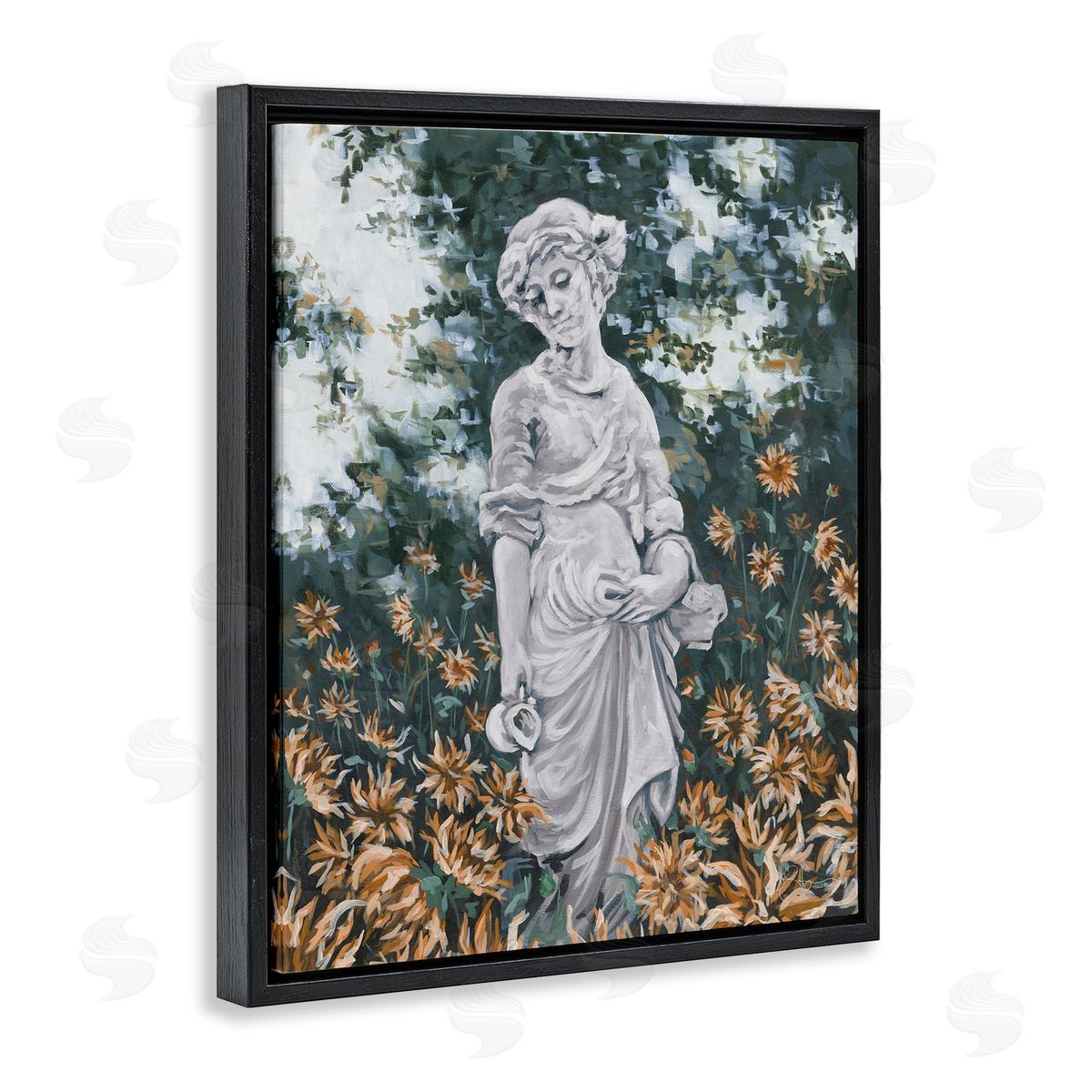 Hollihocks Art Graceful Garden Woman Statue Surrounded Flower Blossoms Black Floating Frame Canvas Wall Art Print
