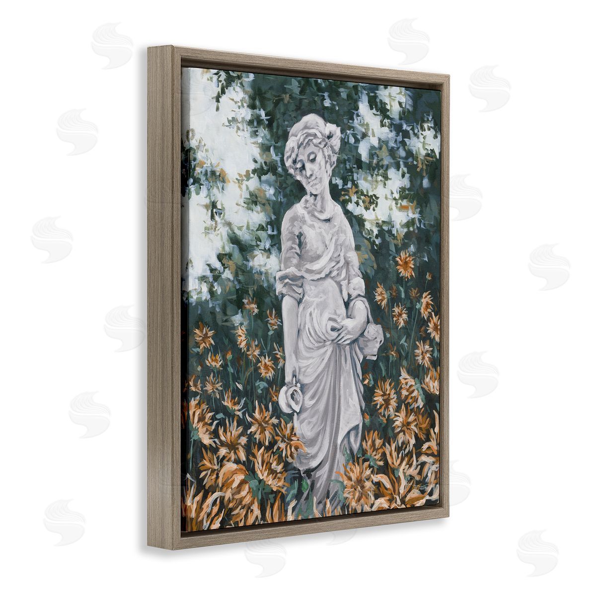 Hollihocks Art Graceful Garden Woman Statue Surrounded Flower Blossoms Brown Floating Frame Canvas Wall Art Print