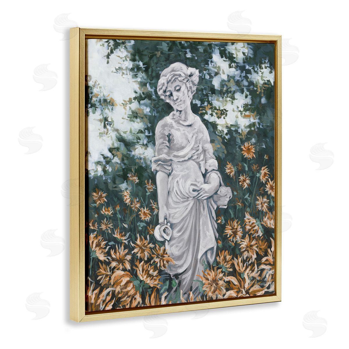 Hollihocks Art Graceful Garden Woman Statue Surrounded Flower Blossoms Gold Floating Frame Canvas Wall Art Print