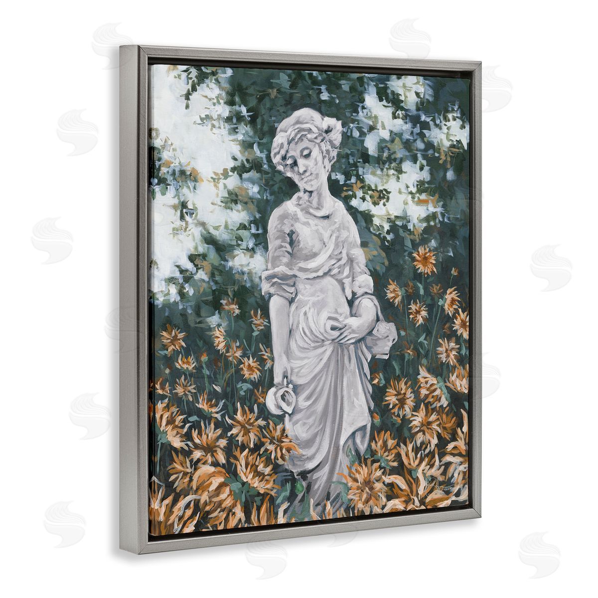 Hollihocks Art Graceful Garden Woman Statue Surrounded Flower Blossoms Gray Floating Frame Canvas Wall Art Print