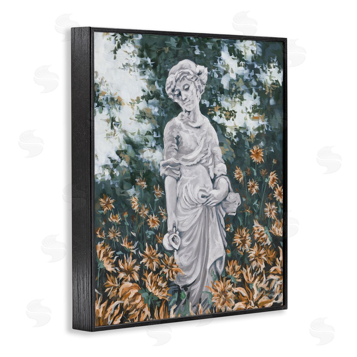 Hollihocks Art Graceful Garden Woman Statue Surrounded Flower Blossoms Black Framed Giclee Wall Art Print