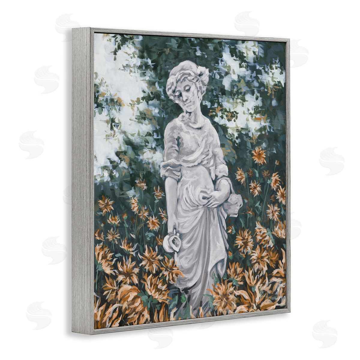 Hollihocks Art Graceful Garden Woman Statue Surrounded Flower Blossoms Gray Framed Giclee Wall Art Print