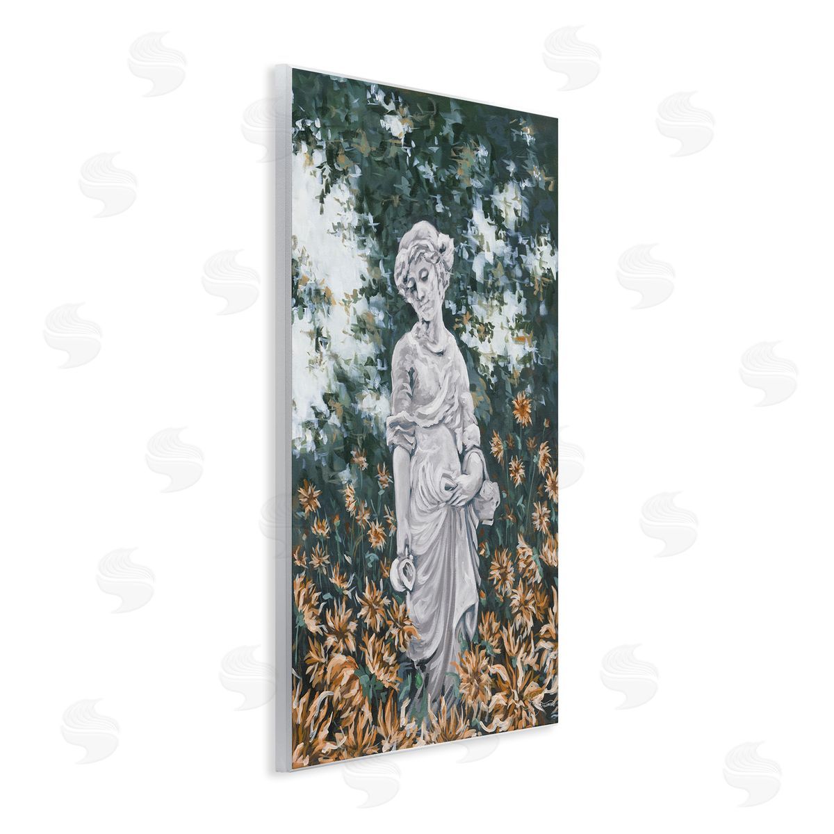 Hollihocks Art Graceful Garden Woman Statue Surrounded Flower Blossoms Wall Plaque Art Print