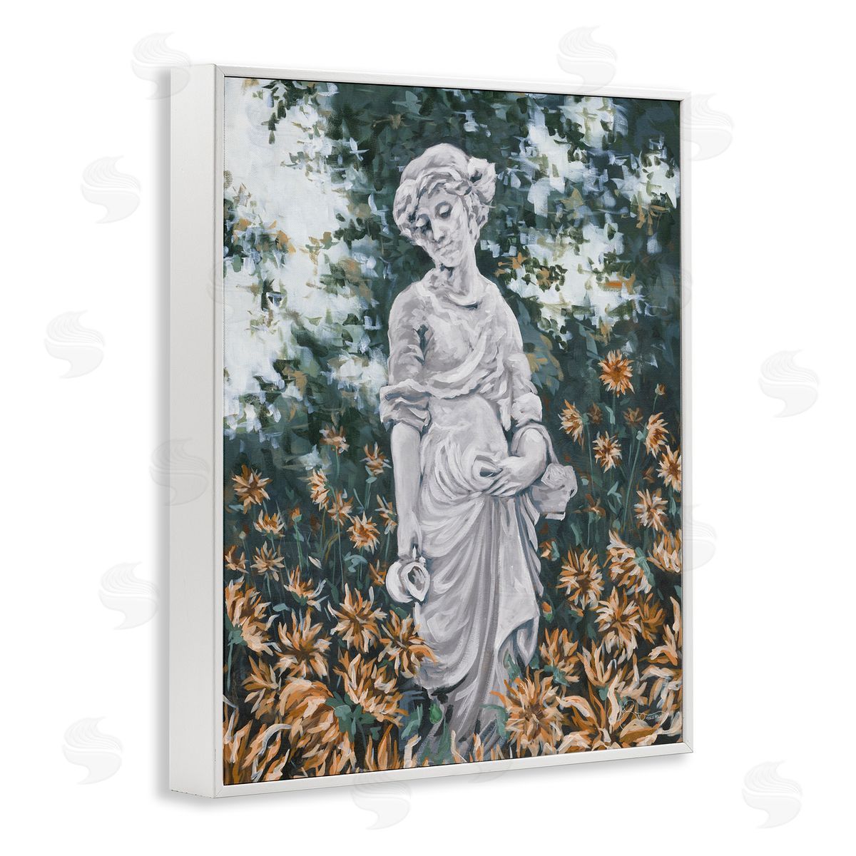 Hollihocks Art Graceful Garden Woman Statue Surrounded Flower Blossoms White Framed Giclee Wall Art Print