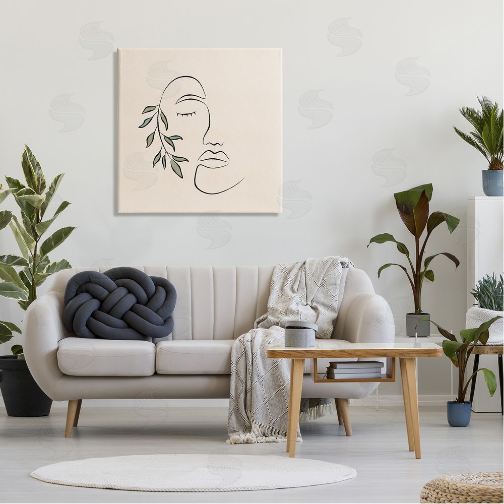 JJ Design House LLC Woman Face Abstract Line Doodle Botanical Sprig Canvas Wall Art in Room