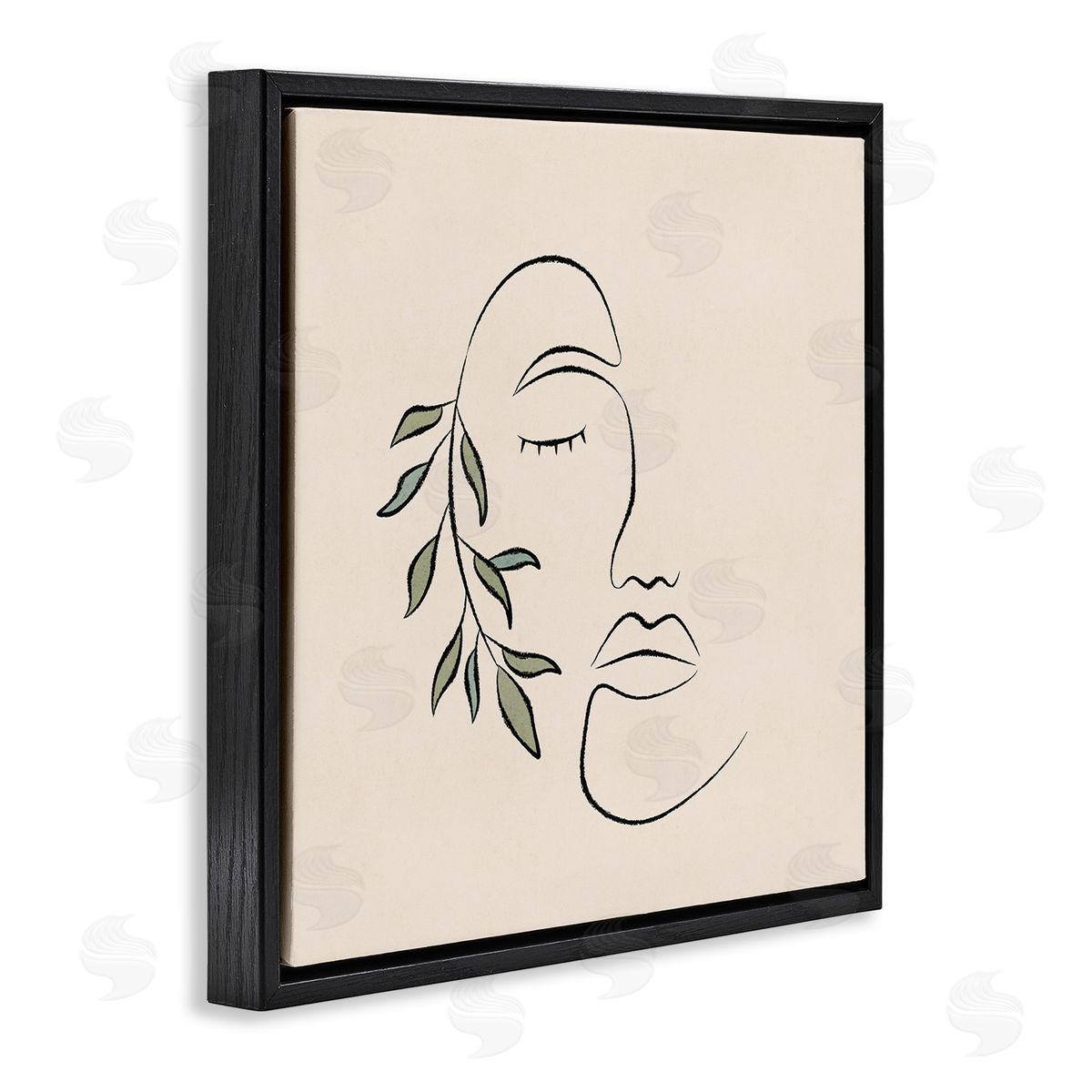JJ Design House LLC Woman Face Abstract Line Doodle Botanical Sprig Black Floating Frame Canvas Wall Art Print