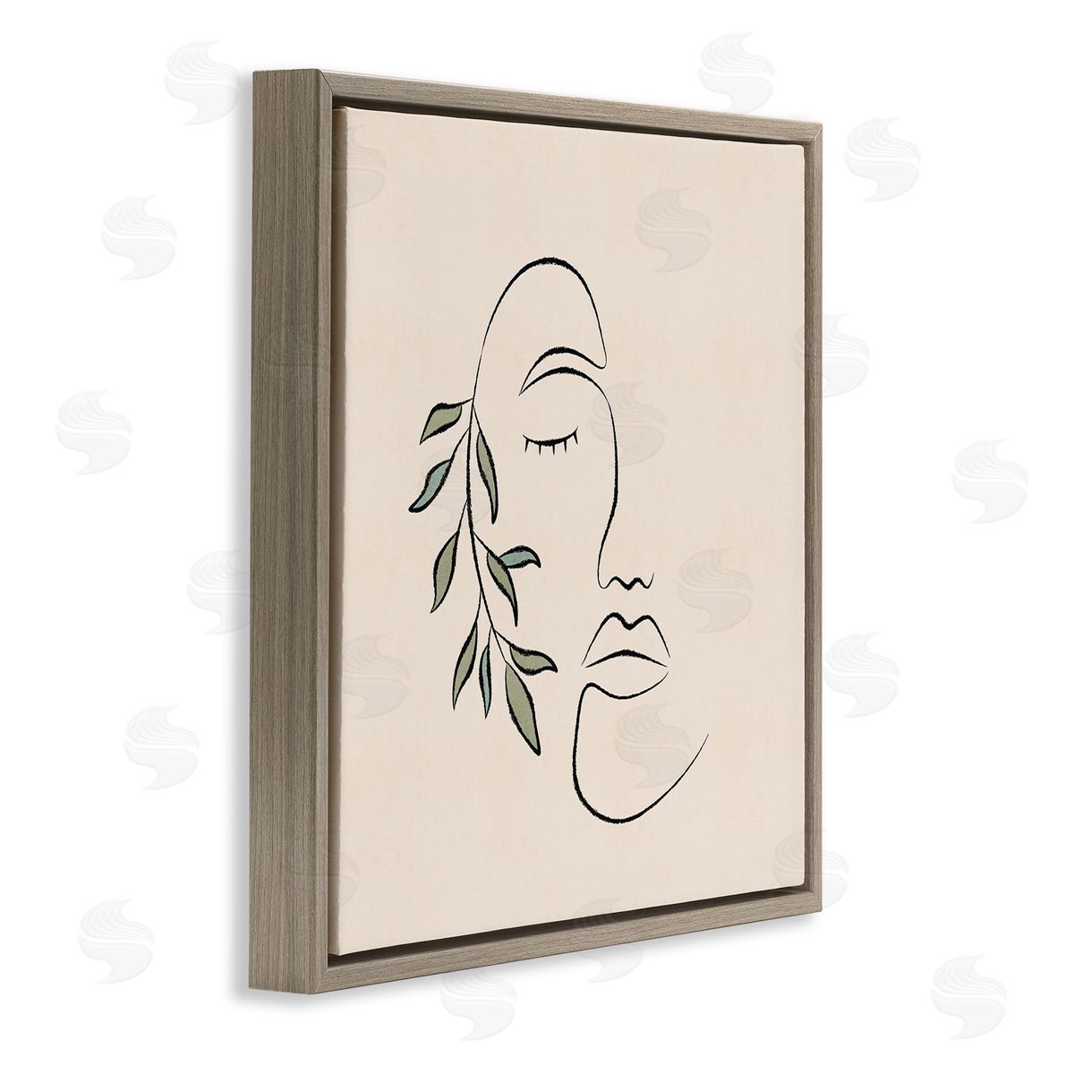 JJ Design House LLC Woman Face Abstract Line Doodle Botanical Sprig Brown Floating Frame Canvas Wall Art Print