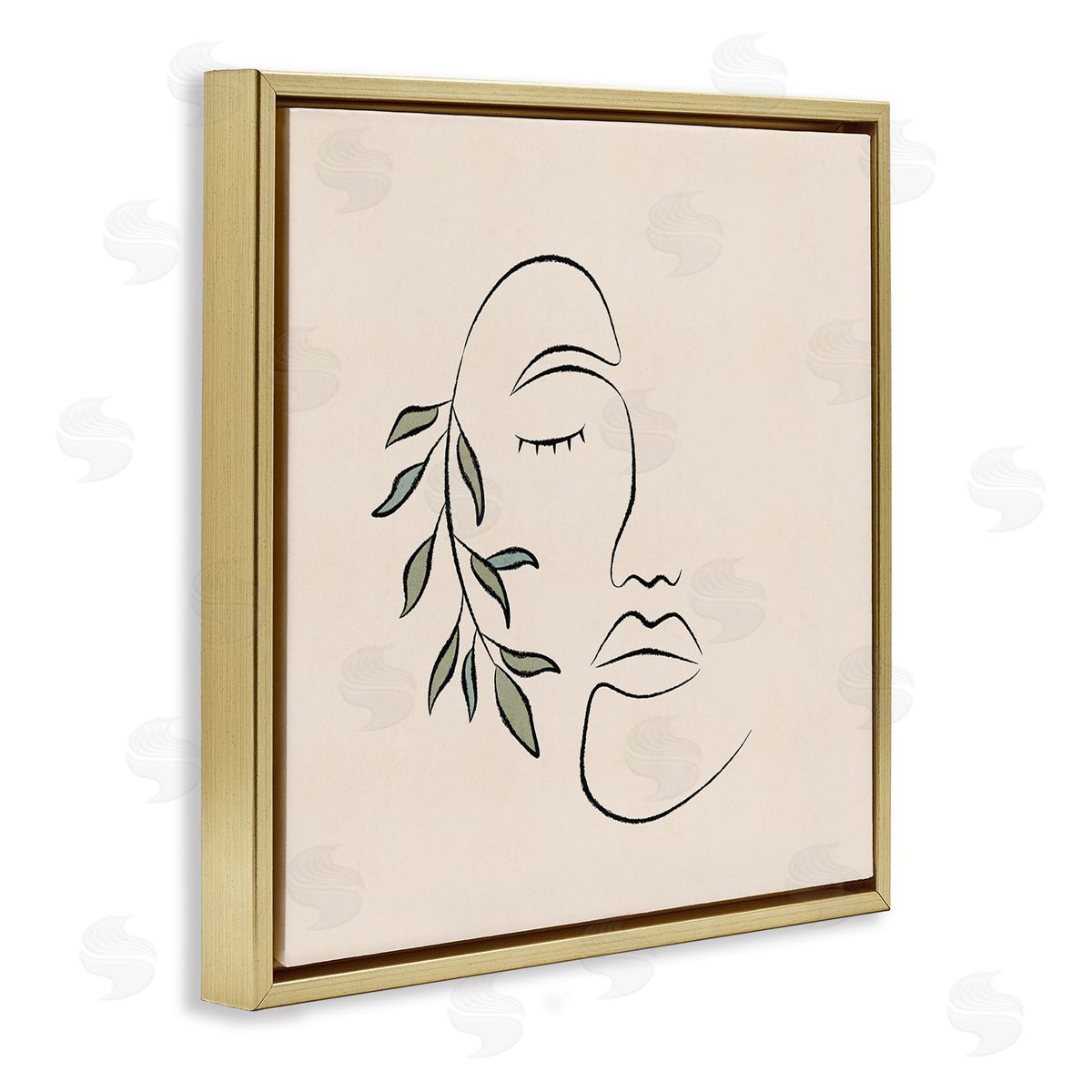 JJ Design House LLC Woman Face Abstract Line Doodle Botanical Sprig Gold Floating Frame Canvas Wall Art Print