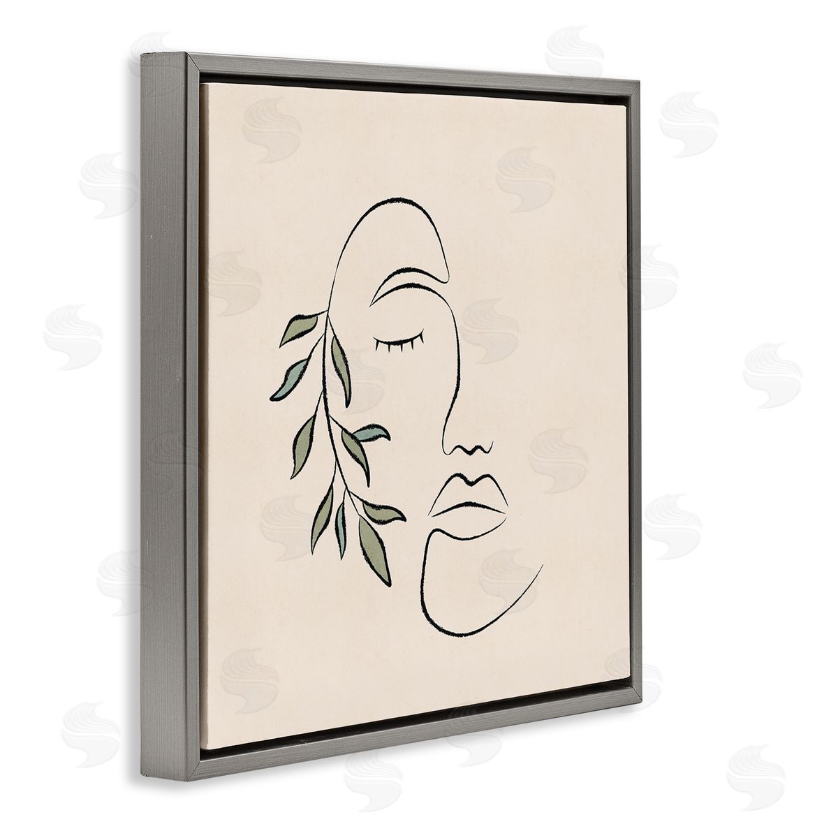 JJ Design House LLC Woman Face Abstract Line Doodle Botanical Sprig Gray Floating Frame Canvas Wall Art Print