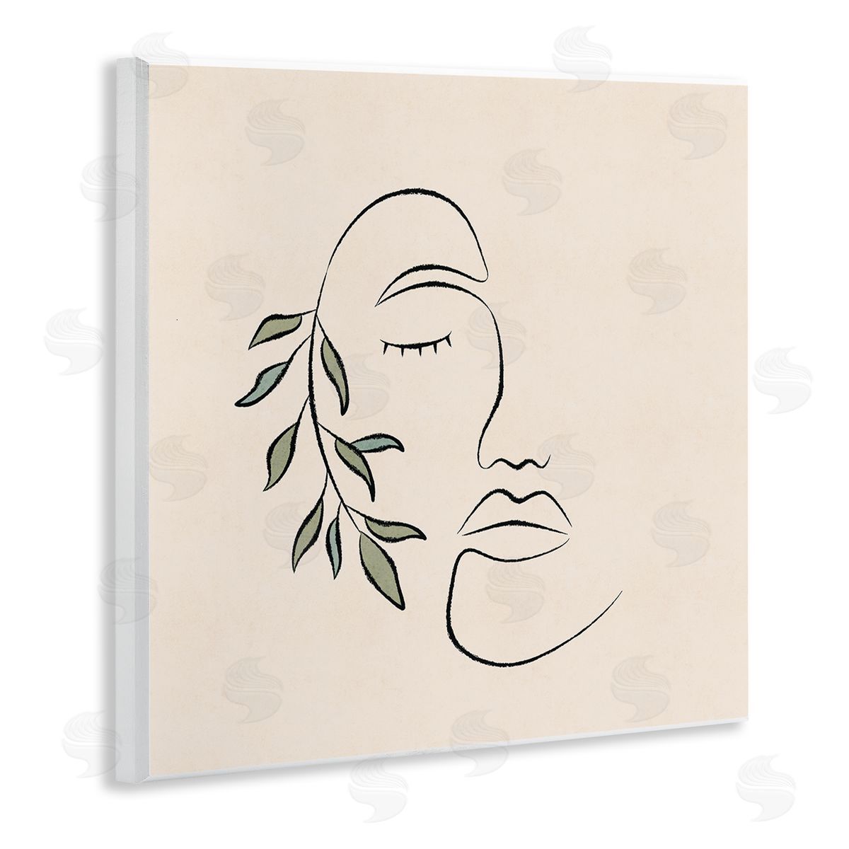 JJ Design House LLC Woman Face Abstract Line Doodle Botanical Sprig Wooden Wall Plaque Art Print