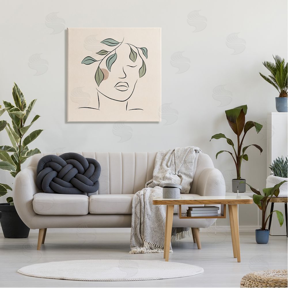 JJ Design House LLC Blushing Woman Face Botanical Outline Doodle Drawing Canvas Wall Art in Room