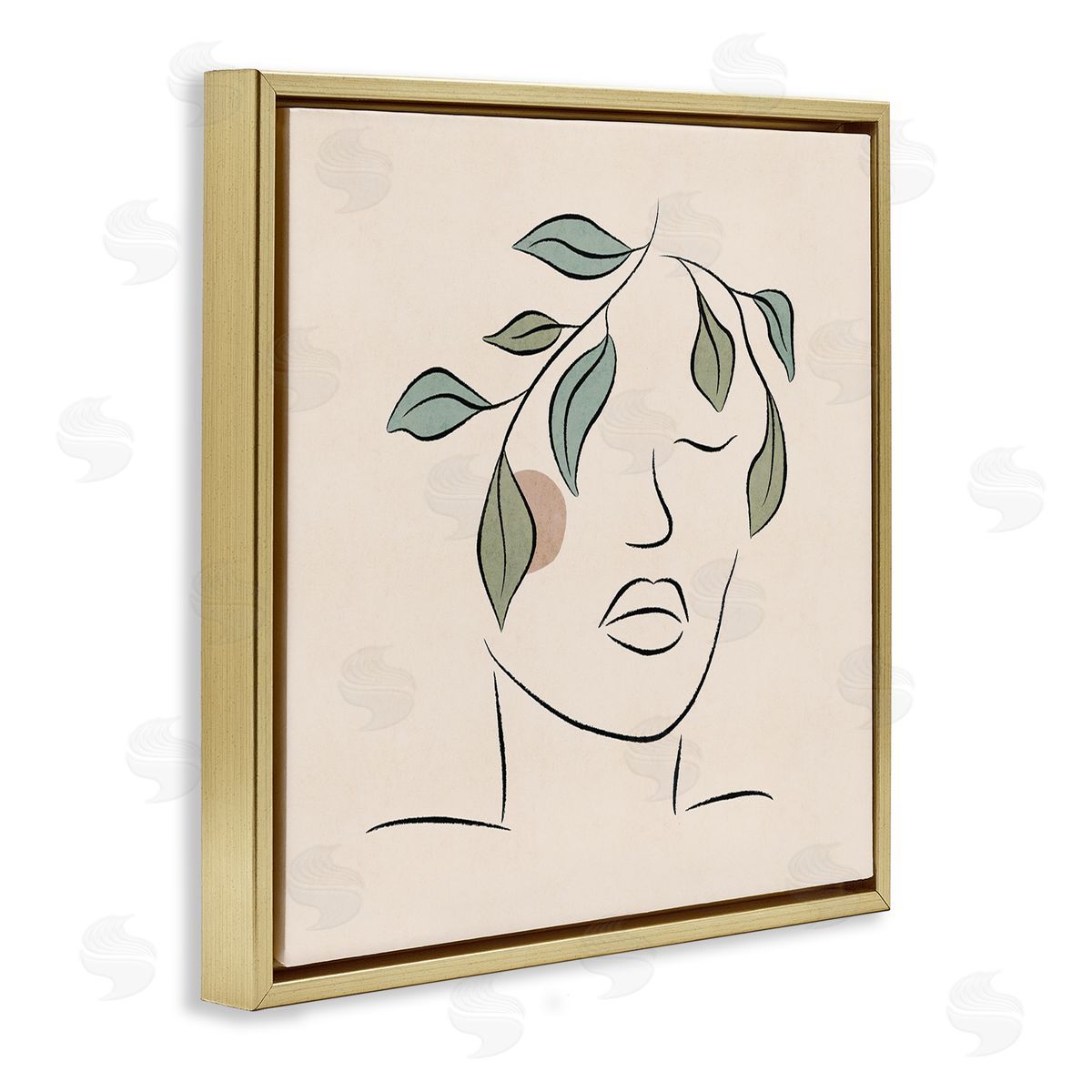 JJ Design House LLC Blushing Woman Face Botanical Outline Doodle Drawing Gold Floating Frame Canvas Wall Art Print