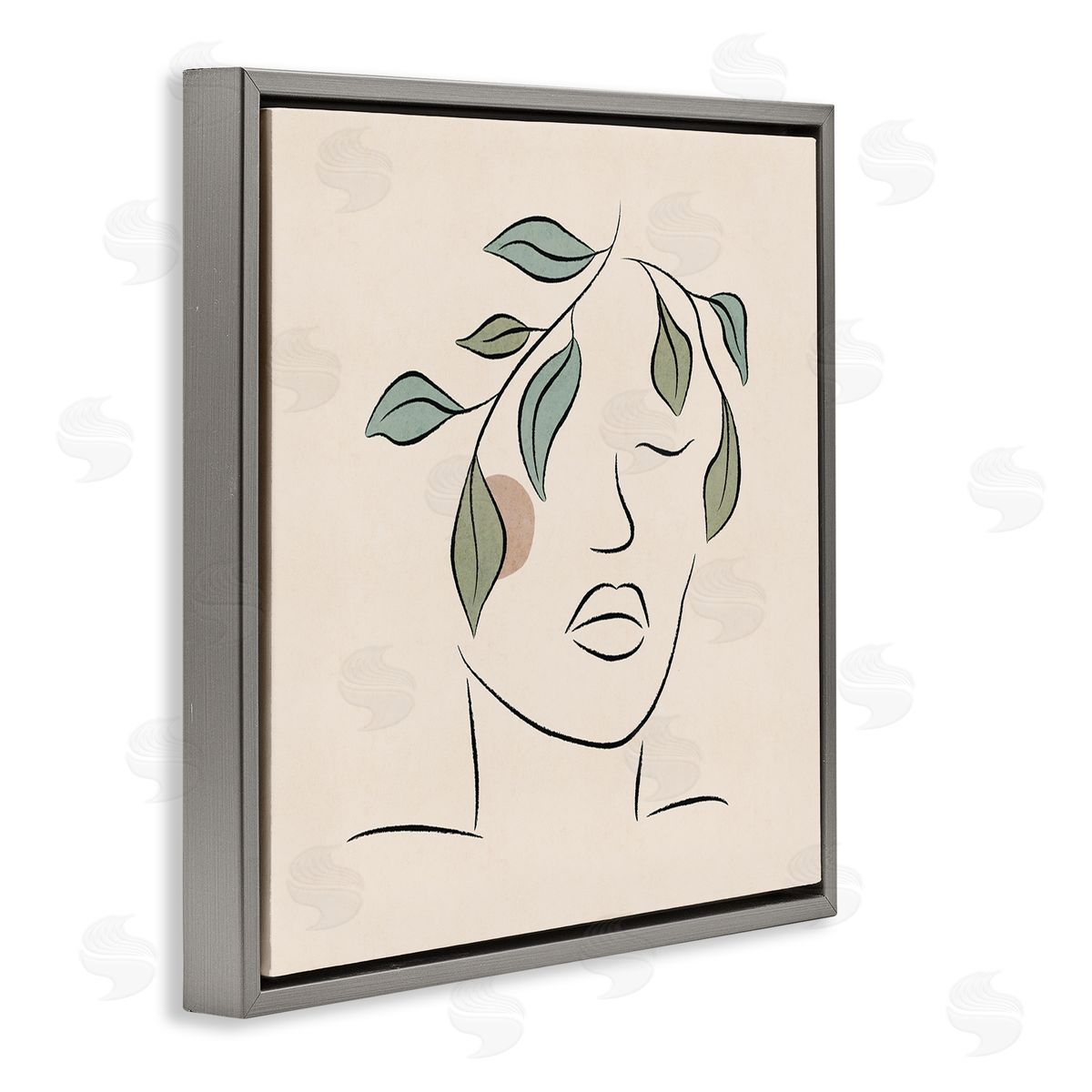 JJ Design House LLC Blushing Woman Face Botanical Outline Doodle Drawing Gray Floating Frame Canvas Wall Art Print