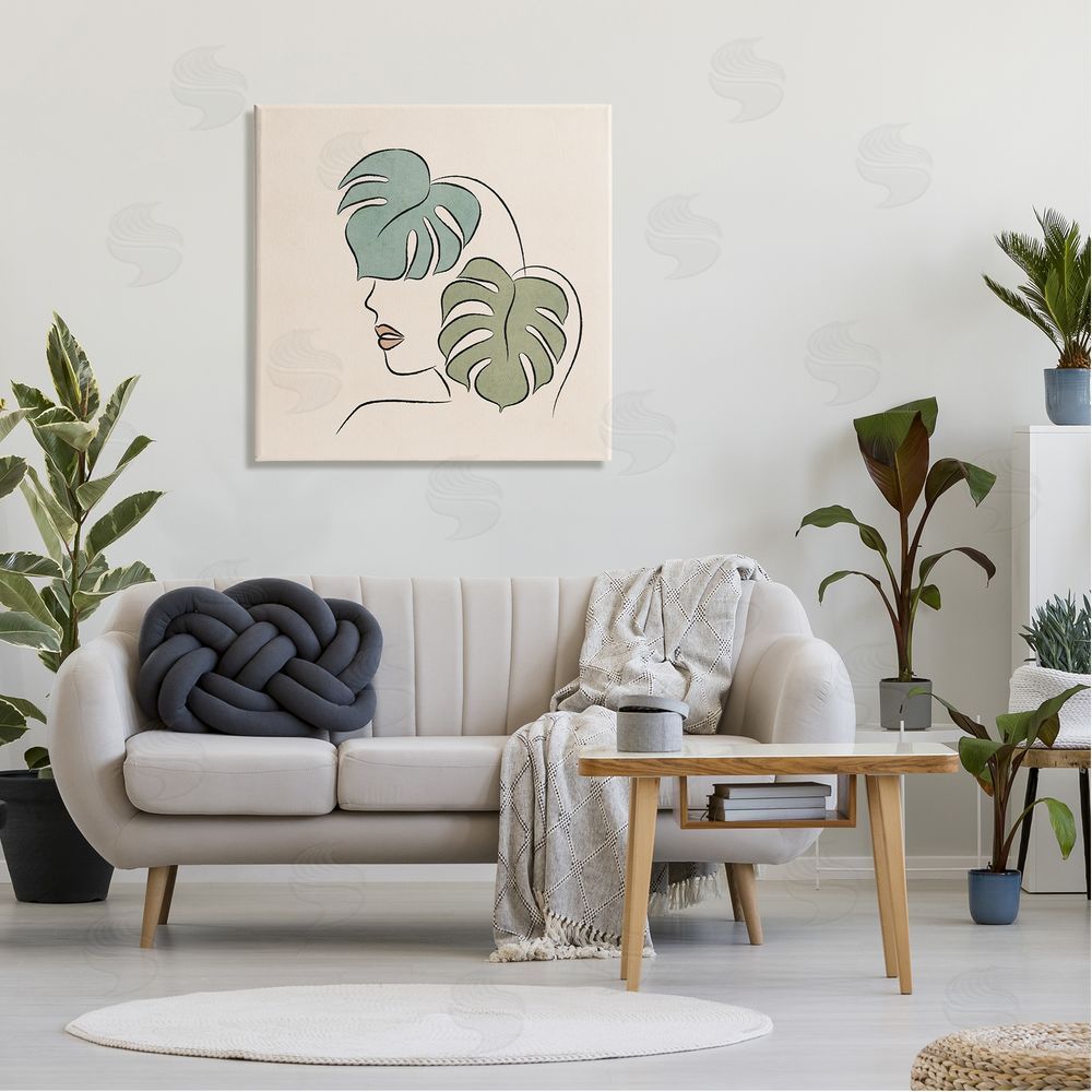 JJ Design House LLC Abstract Woman Face Monstera Plant Leaf Doodle Canvas Wall Art in Room