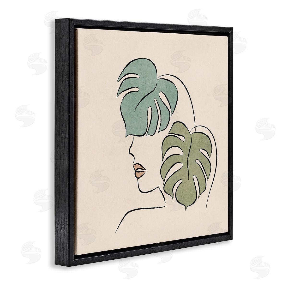 JJ Design House LLC Abstract Woman Face Monstera Plant Leaf Doodle Black Floating Frame Canvas Wall Art Print