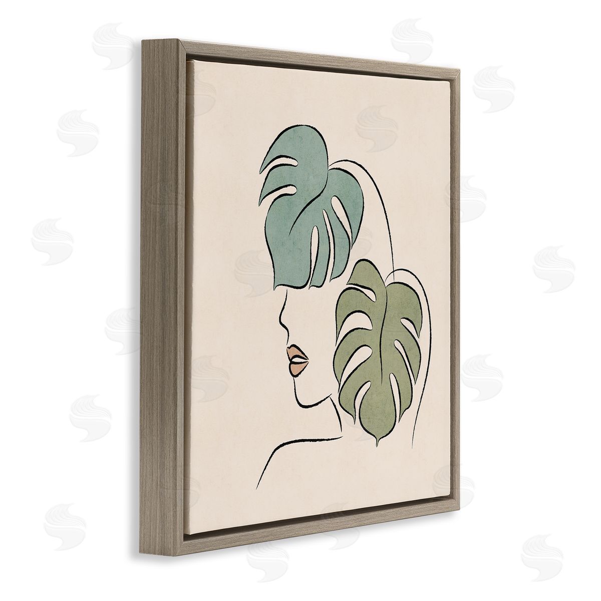 JJ Design House LLC Abstract Woman Face Monstera Plant Leaf Doodle Brown Floating Frame Canvas Wall Art Print