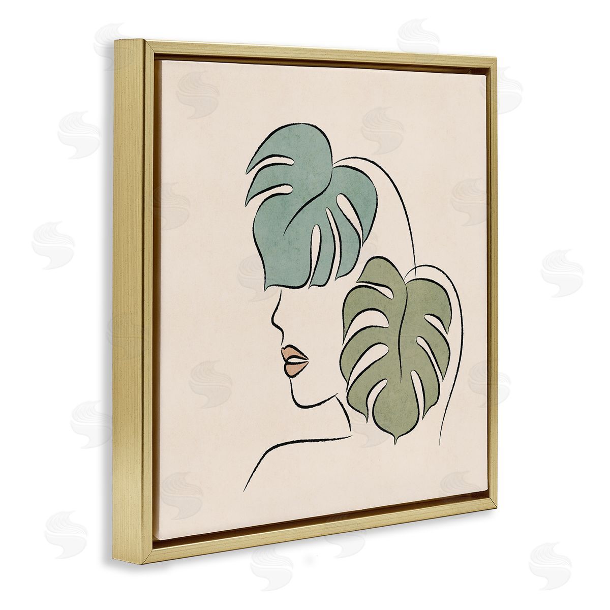 JJ Design House LLC Abstract Woman Face Monstera Plant Leaf Doodle Gold Floating Frame Canvas Wall Art Print