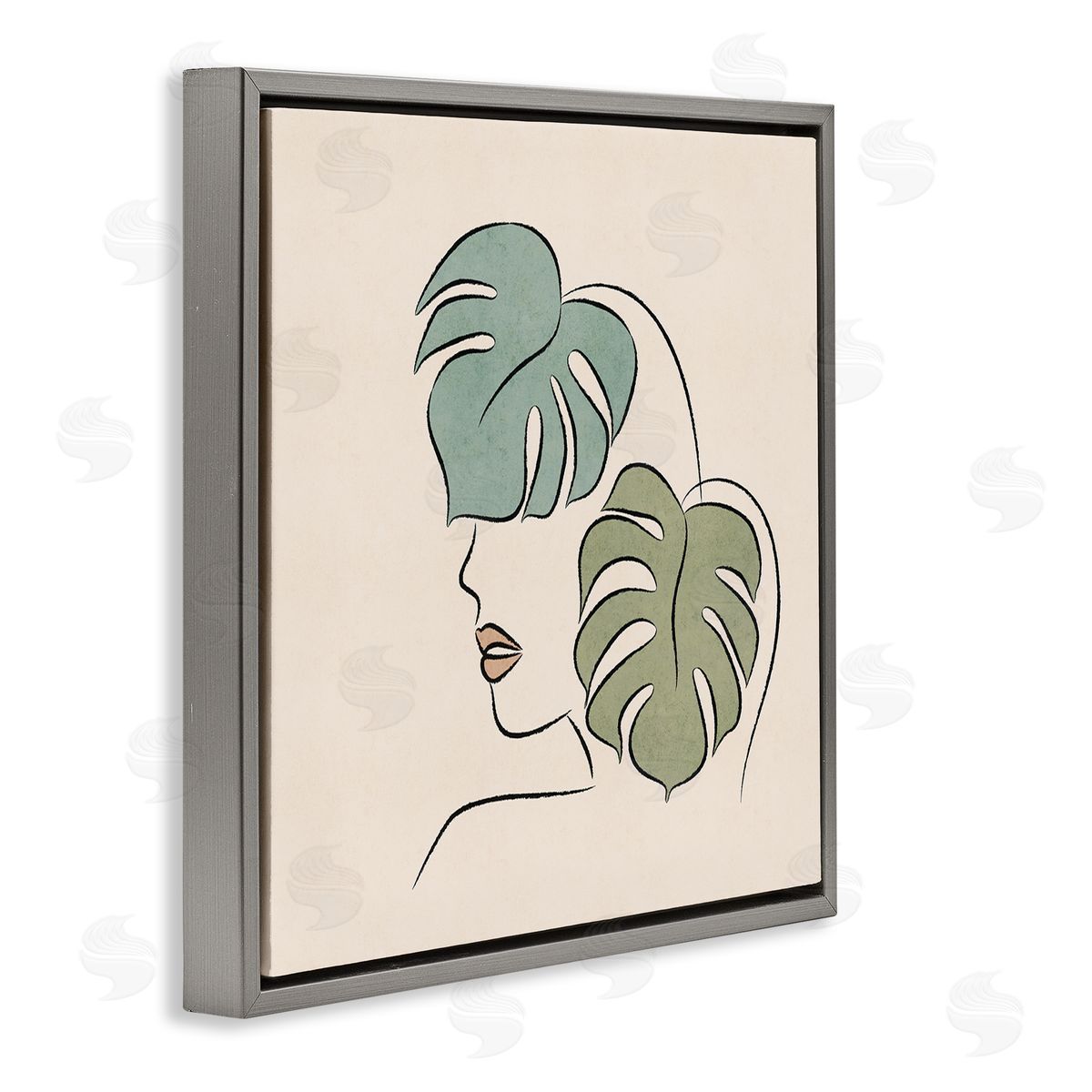 JJ Design House LLC Abstract Woman Face Monstera Plant Leaf Doodle Gray Floating Frame Canvas Wall Art Print