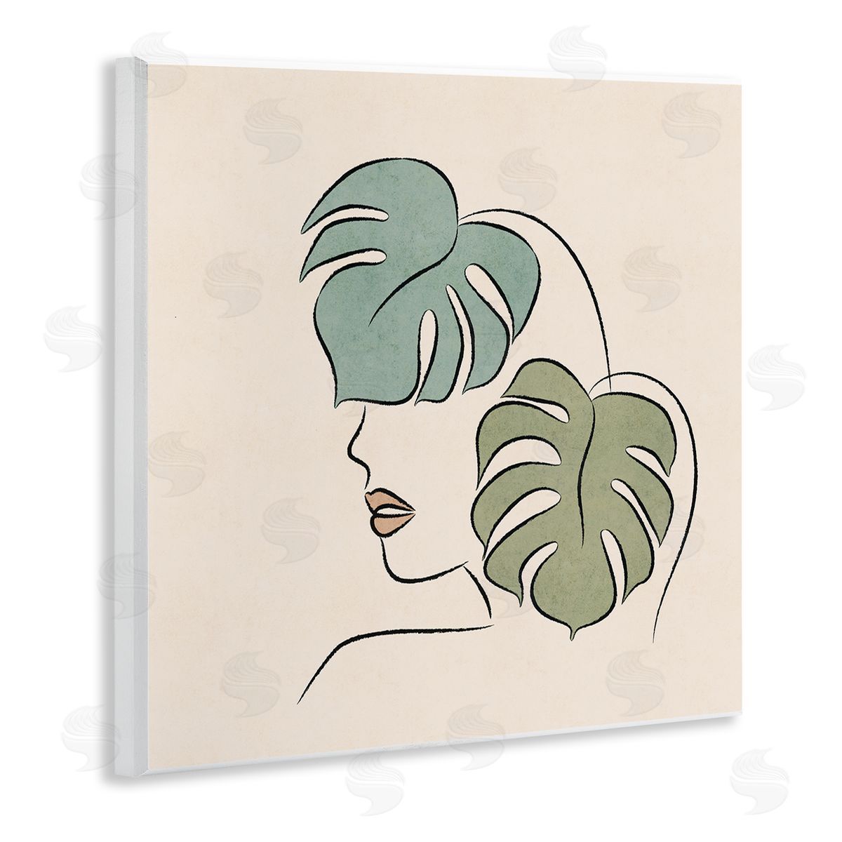 JJ Design House LLC Abstract Woman Face Monstera Plant Leaf Doodle Wooden Wall Plaque Art Print