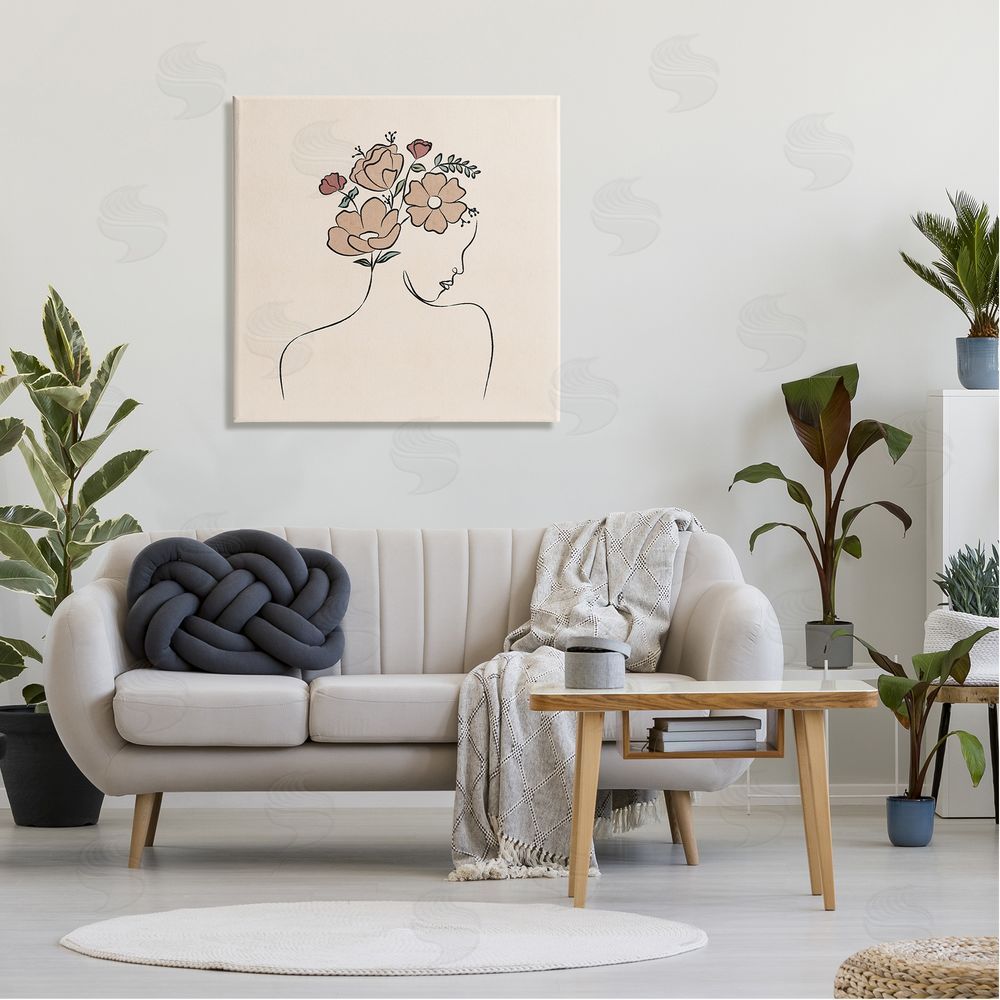JJ Design House LLC Floral Abstract Woman Face Blossoms Line Doodle Canvas Wall Art in Room
