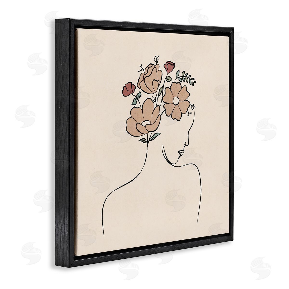 JJ Design House LLC Floral Abstract Woman Face Blossoms Line Doodle Black Floating Frame Canvas Wall Art Print
