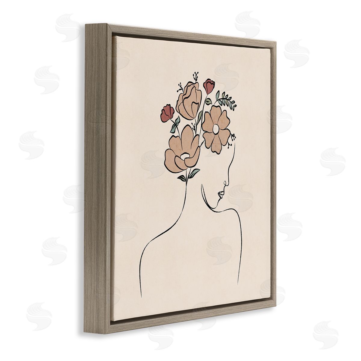 JJ Design House LLC Floral Abstract Woman Face Blossoms Line Doodle Brown Floating Frame Canvas Wall Art Print