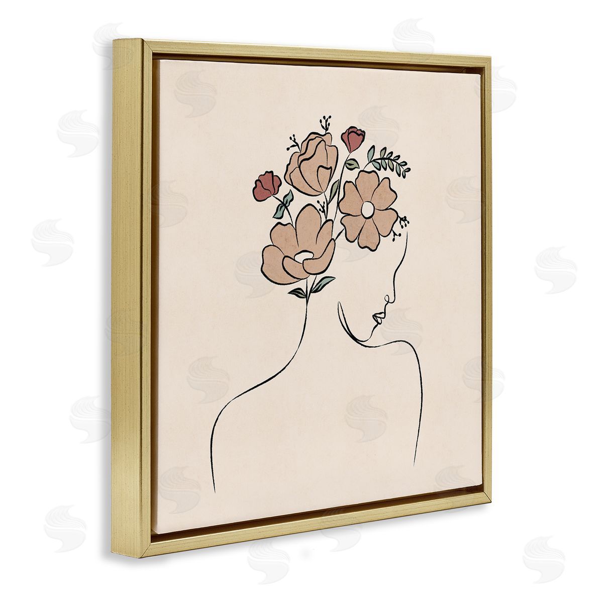 JJ Design House LLC Floral Abstract Woman Face Blossoms Line Doodle Gold Floating Frame Canvas Wall Art Print