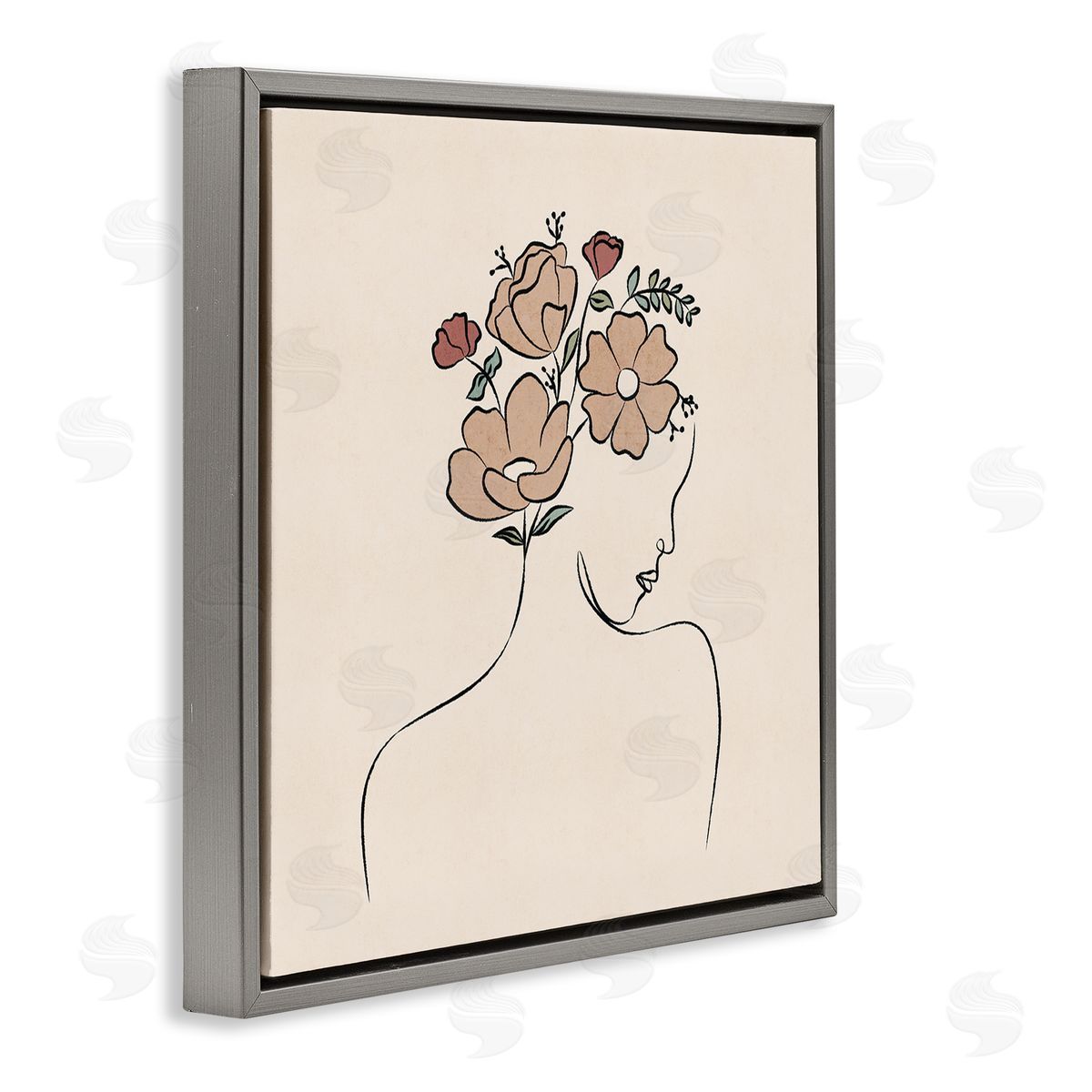 JJ Design House LLC Floral Abstract Woman Face Blossoms Line Doodle Gray Floating Frame Canvas Wall Art Print