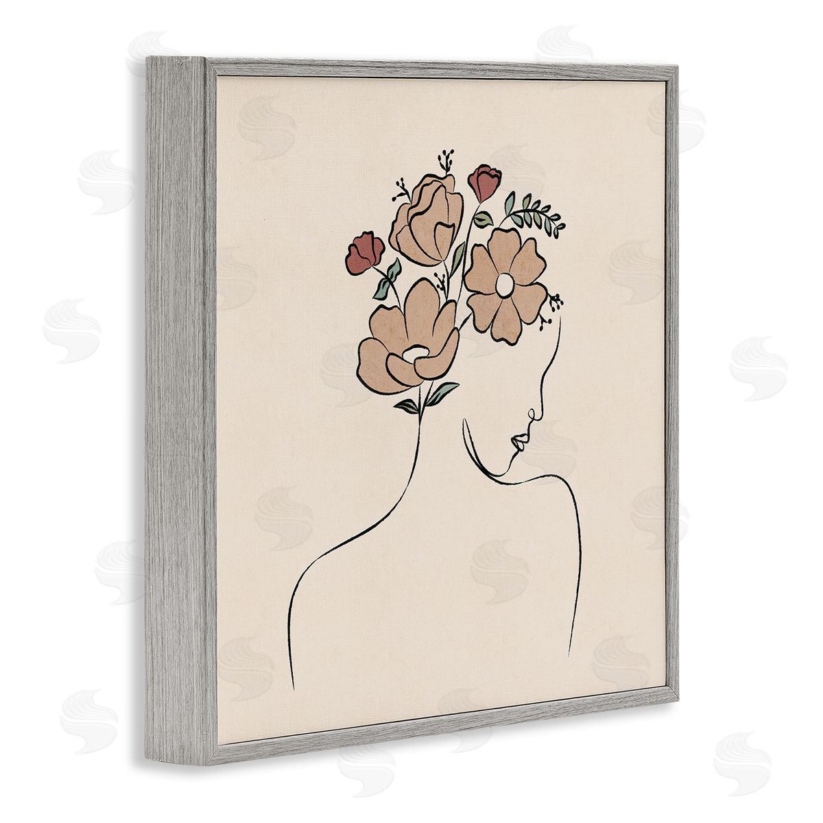 JJ Design House LLC Floral Abstract Woman Face Blossoms Line Doodle Gray Framed Glicee Wall Art Print