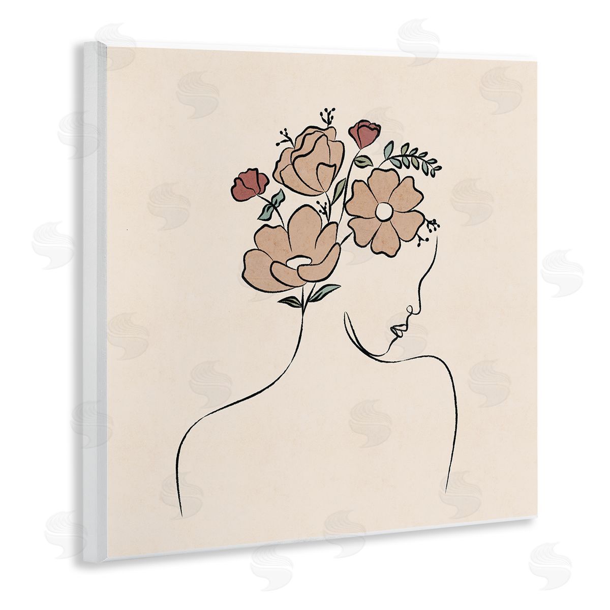 JJ Design House LLC Floral Abstract Woman Face Blossoms Line Doodle Wooden Wall Plaque Art Print