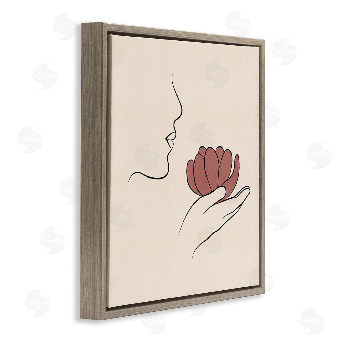 JJ Design House LLC Minimal Face Profile Holding Blossom Palm Outline Brown Floating Frame Canvas Wall Art Print