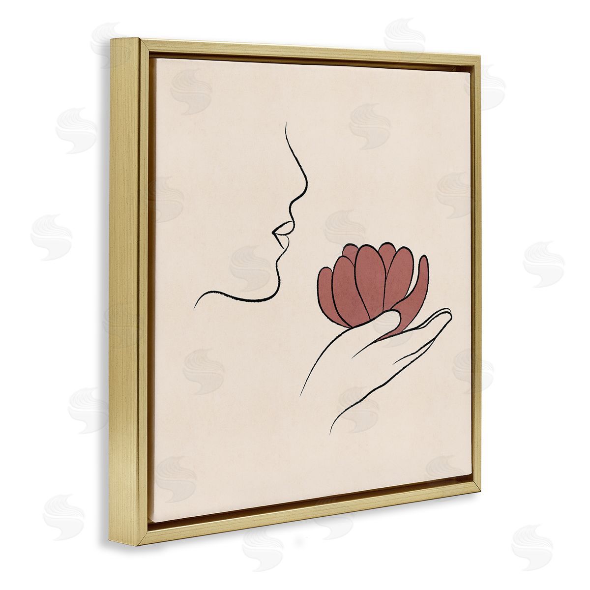 JJ Design House LLC Minimal Face Profile Holding Blossom Palm Outline Gold Floating Frame Canvas Wall Art Print