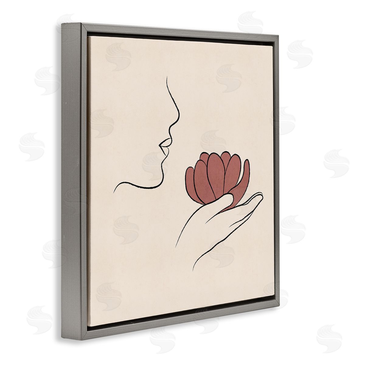 JJ Design House LLC Minimal Face Profile Holding Blossom Palm Outline Gray Floating Frame Canvas Wall Art Print