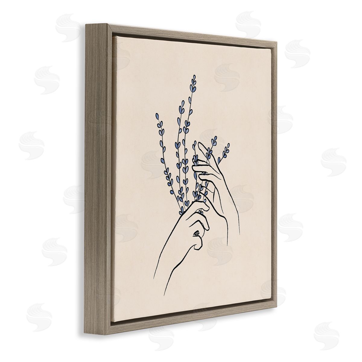 JJ Design House LLC Hands Holding Lavender Sprigs Botanical Line Doodle Brown Floating Frame Canvas Wall Art Print