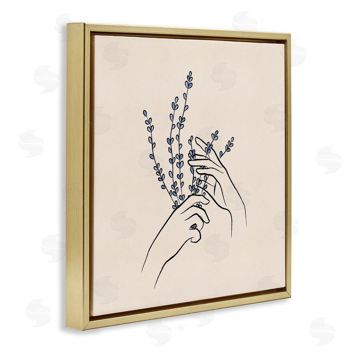 JJ Design House LLC Hands Holding Lavender Sprigs Botanical Line Doodle Gold Floating Frame Canvas Wall Art Print