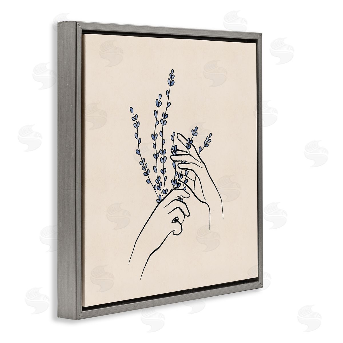 JJ Design House LLC Hands Holding Lavender Sprigs Botanical Line Doodle Gray Floating Frame Canvas Wall Art Print