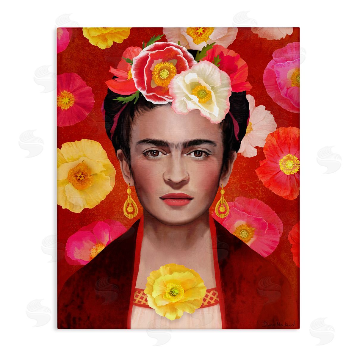 Diane Neukirch Bold Frida Kahlo Portrait Floral Poppies Pattern Stretched Canvas Wall Art Print