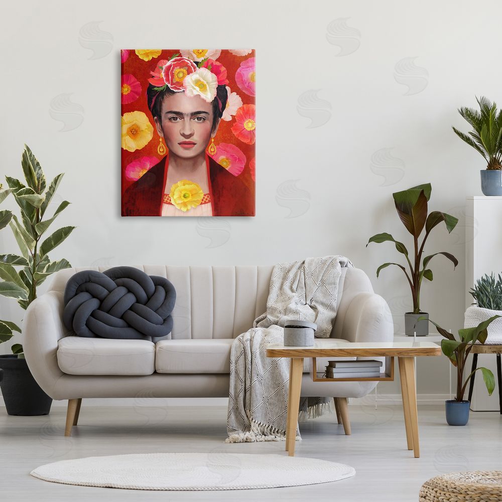 Diane Neukirch Bold Frida Kahlo Portrait Floral Poppies Pattern Canvas Wall Art Print in Room