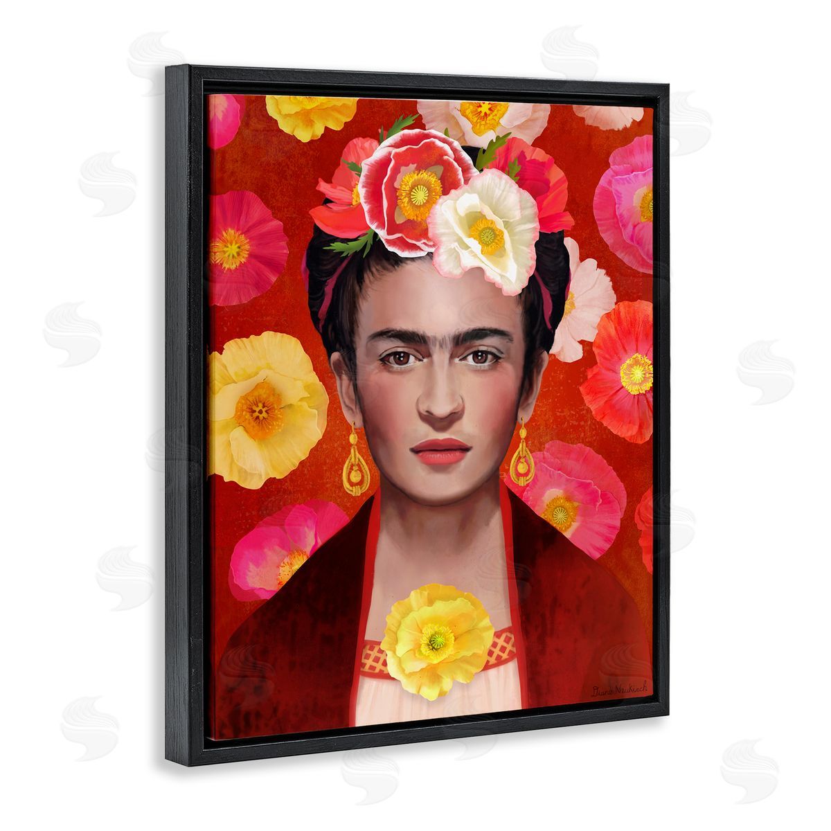 Diane Neukirch Bold Frida Kahlo Portrait Floral Poppies Pattern Black Floating Frame Canvas Wall Art Print