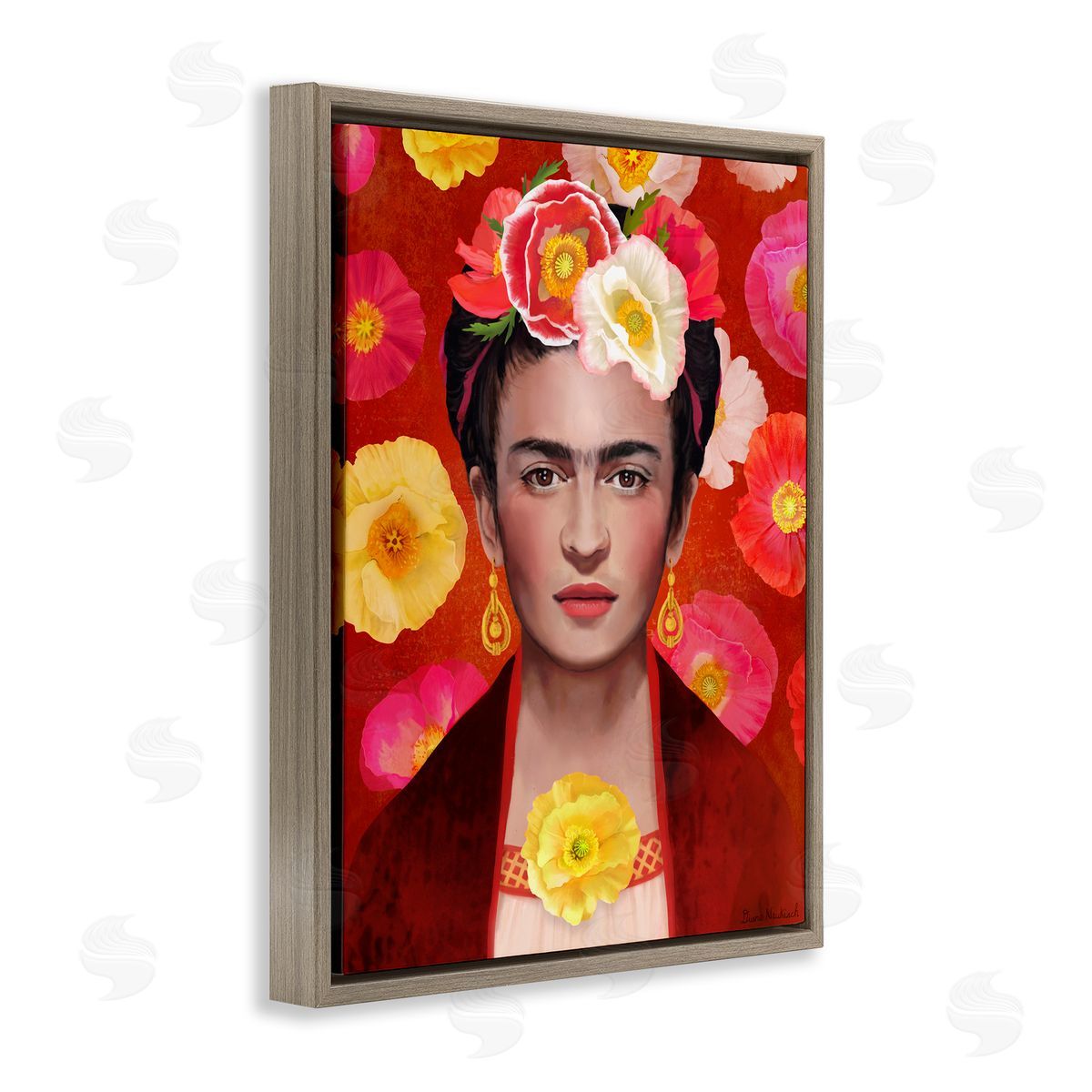 Diane Neukirch Bold Frida Kahlo Portrait Floral Poppies Pattern Brown Floating Frame Canvas Wall Art Print