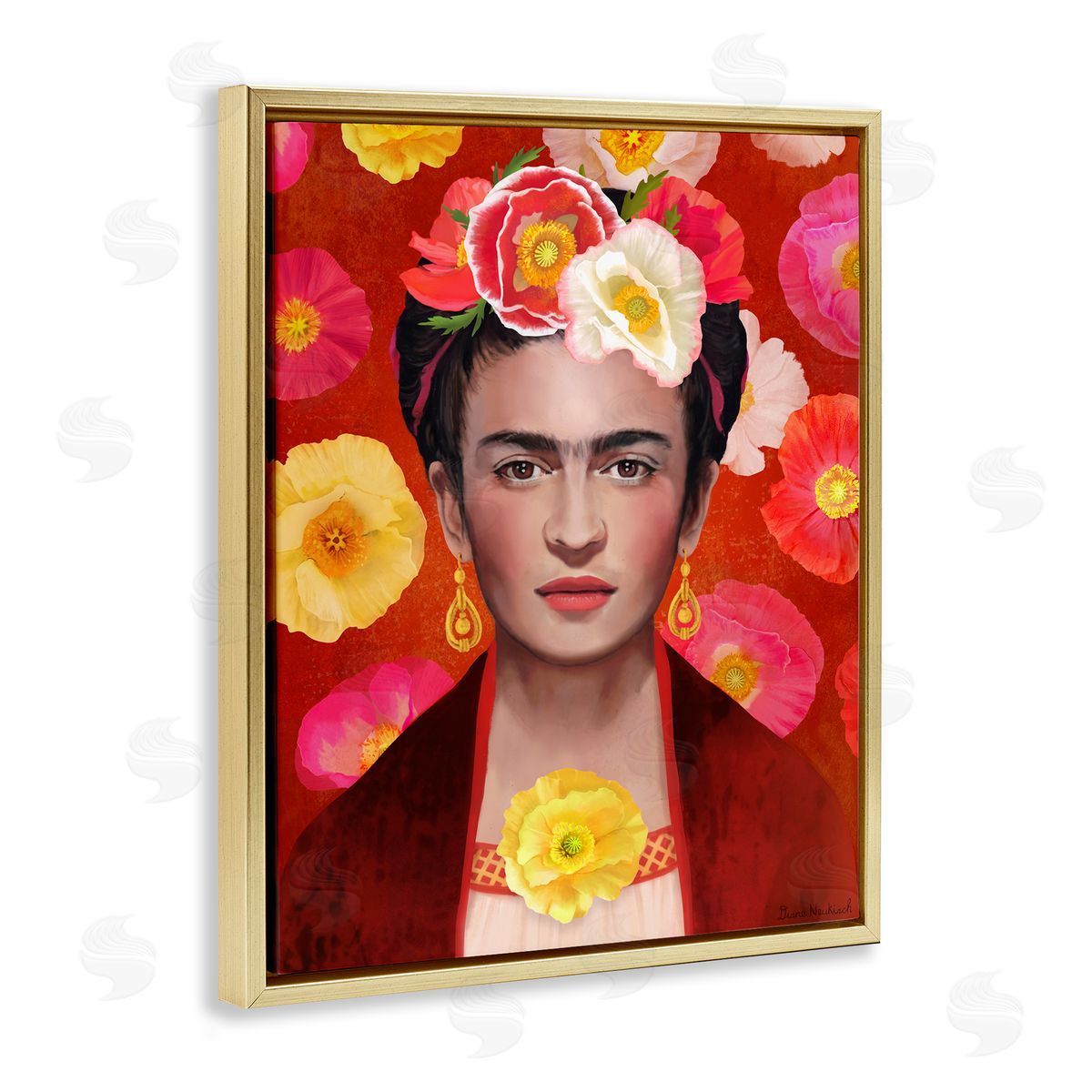 Diane Neukirch Bold Frida Kahlo Portrait Floral Poppies Pattern Gold Floating Frame Canvas Wall Art Print