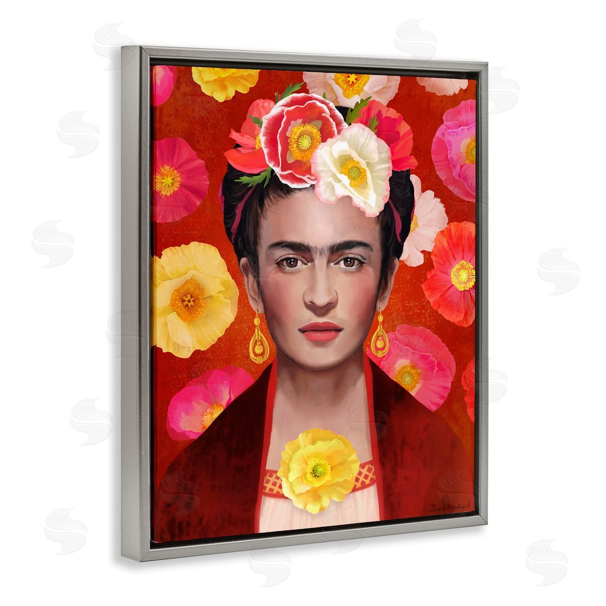 Diane Neukirch Bold Frida Kahlo Portrait Floral Poppies Pattern Gray Floating Frame Canvas Wall Art Print