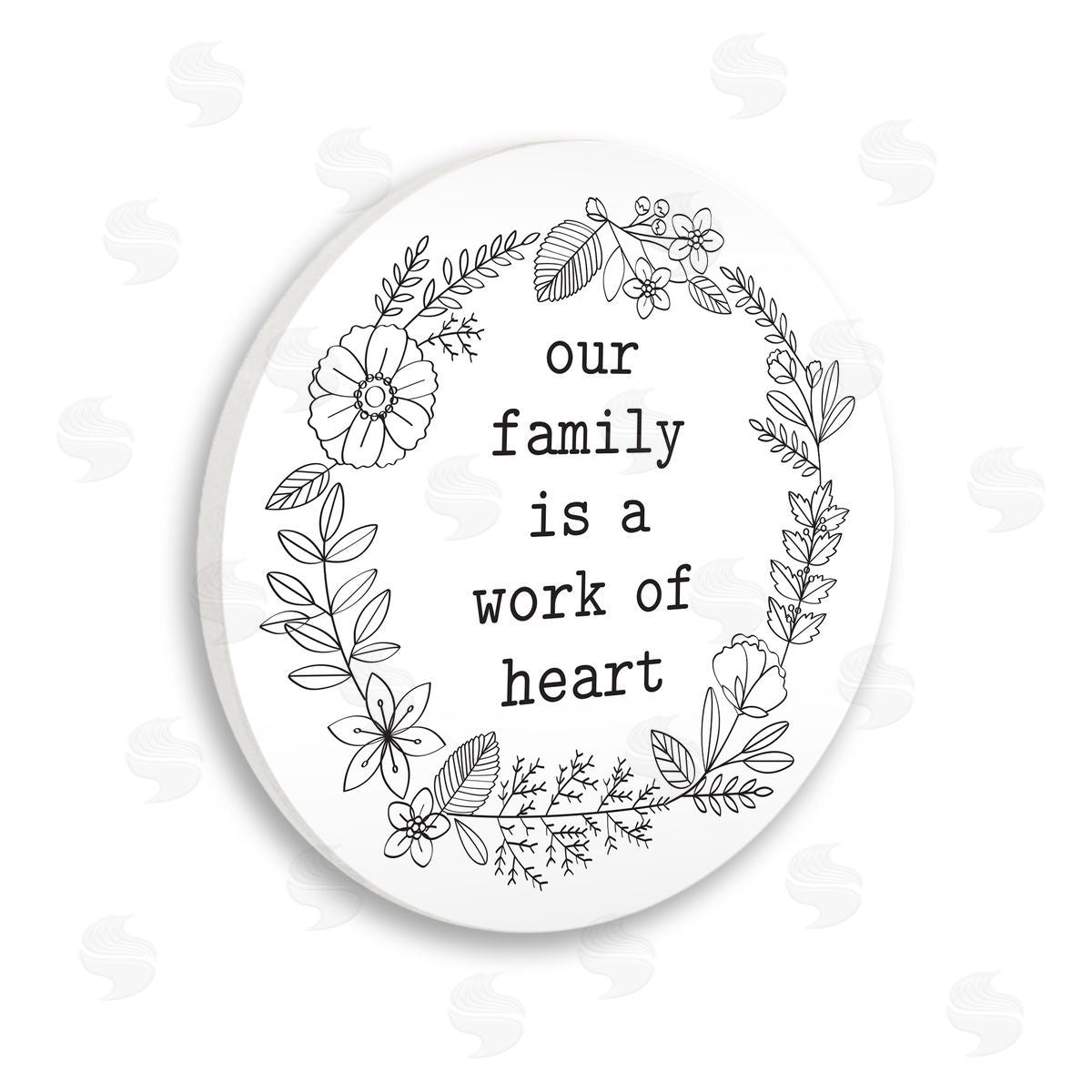 Lettered and Lined Work of Heart Family Phrase Floral Wreath Border Wooden Wall Plaque Art Print
