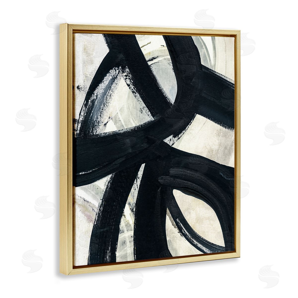 Susan Jill Dynamic Modern Black Paint Strokes Bold Abstract  Gold Floating Frame Canvas Wall Art Print