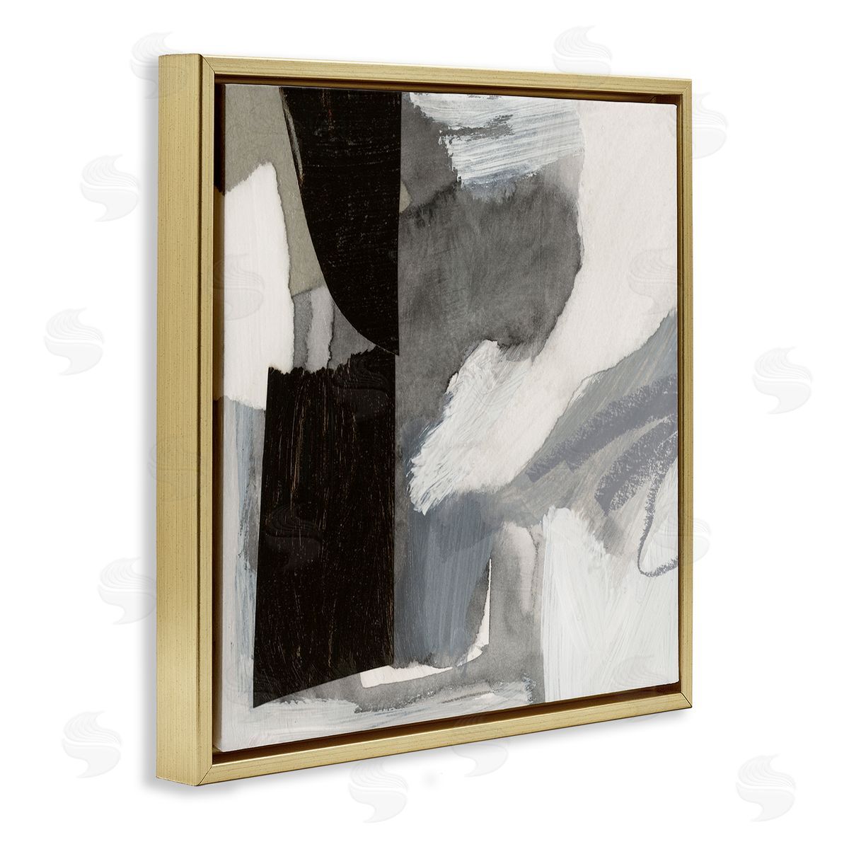 Victoria Barnes Bold Black Shapes Layered Abstract Fluid Forms  Gold Floating Frame Canvas Wall Art Print