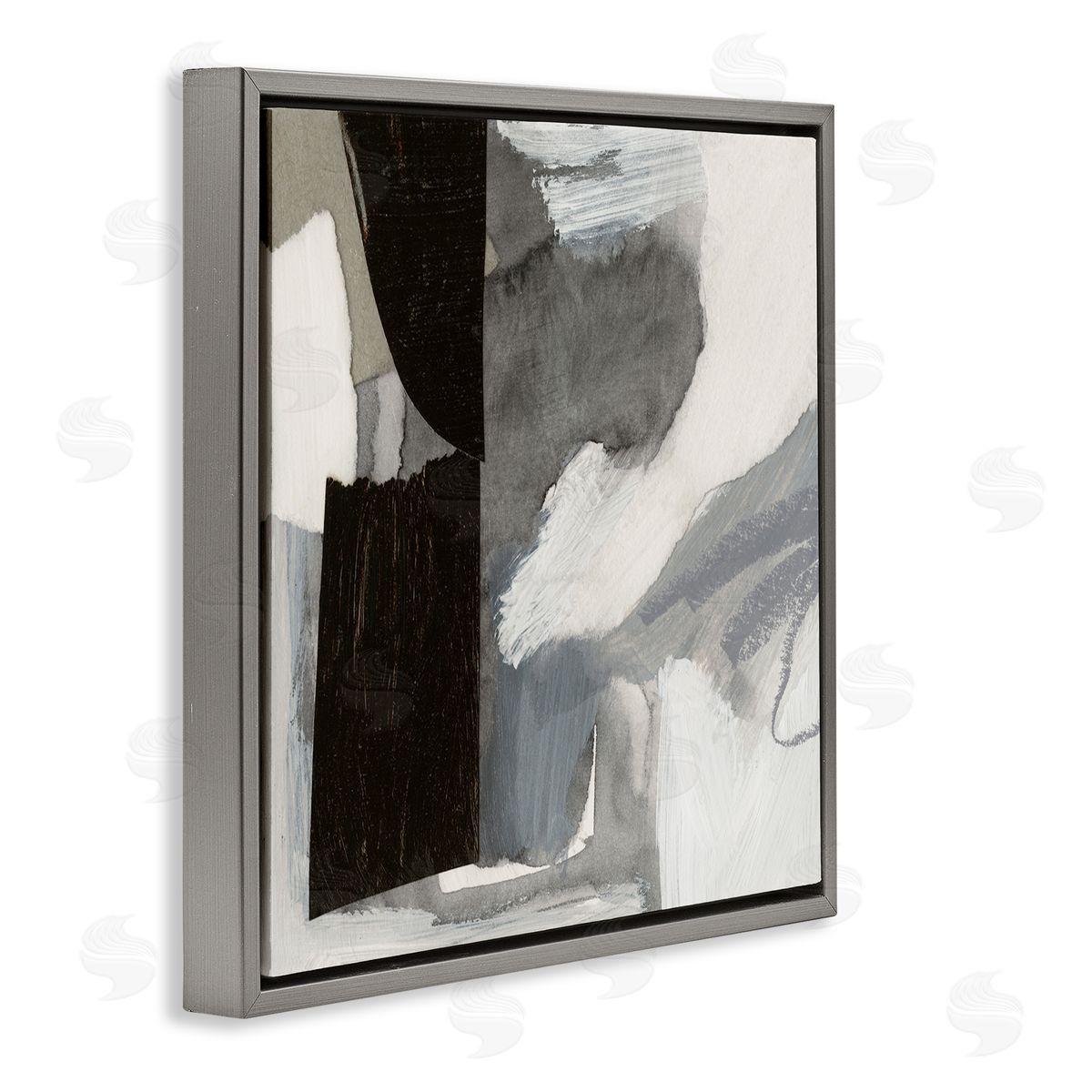 Victoria Barnes Bold Black Shapes Layered Abstract Fluid Forms  Gray Floating Frame Canvas Wall Art Print