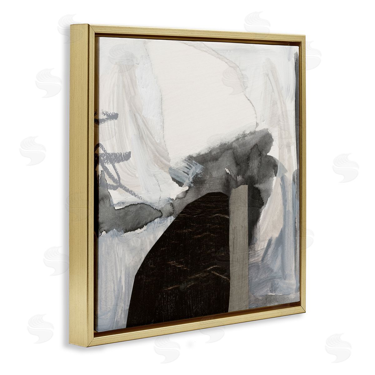 Victoria Barnes Curved Black Forms Scribbled Shapes Abstract Painting Gold Floating Frame Canvas Wall Art Print
