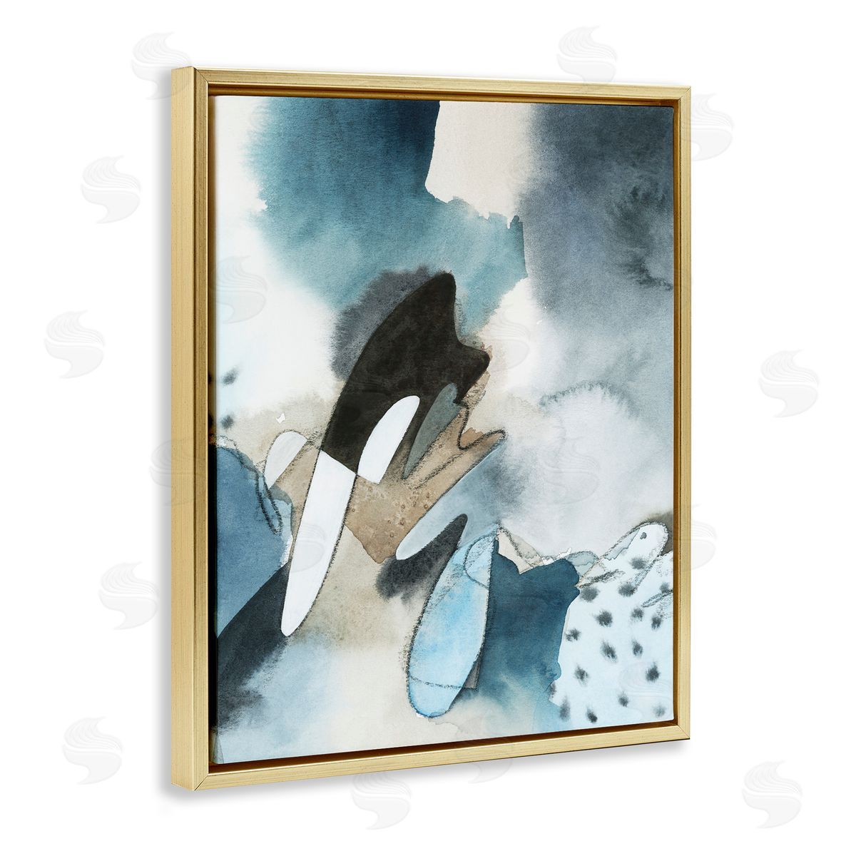 Grace Popp Fluid Blue Geometric Shapes Abstract Paint Scribbles  Gold Floating Frame Canvas Wall Art Print