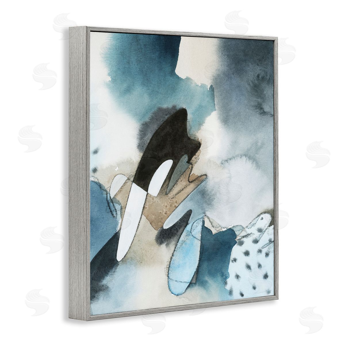 Grace Popp Fluid Blue Geometric Shapes Abstract Paint Scribbles  Gray Framed Giclee Wall Art Print