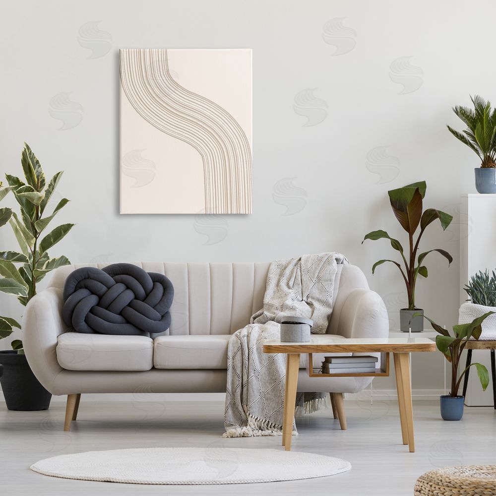 Lettered and Lined Minimal Retro Curved Stripes Neutral Beige Tones Canvas Wall Art Print in Room